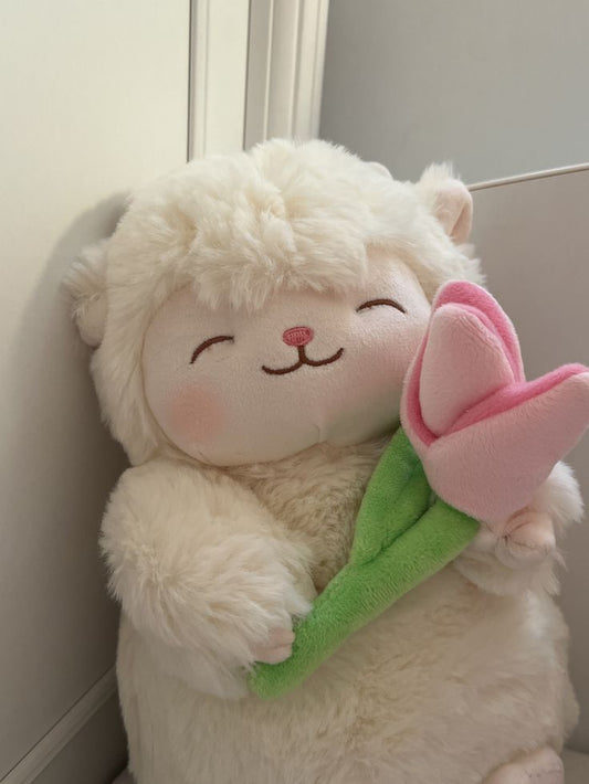 Adorable Sheep Holding Pink Flower